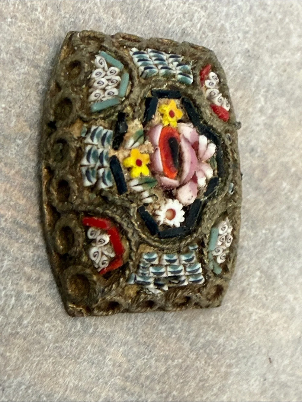 Vintage Italian Micro Mosaic Floral Brooch Component Made In Italy Rectangle